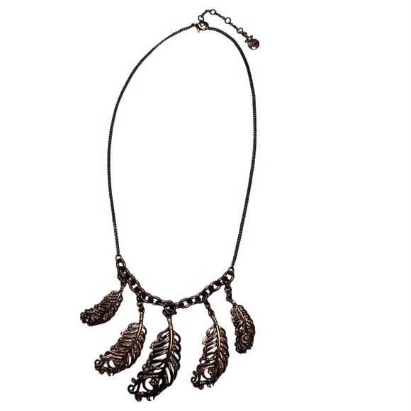Relic Copper Bronze Tone Hanging Feather Leaves Rhinestones Chain Necklace - Picture 2 of 7